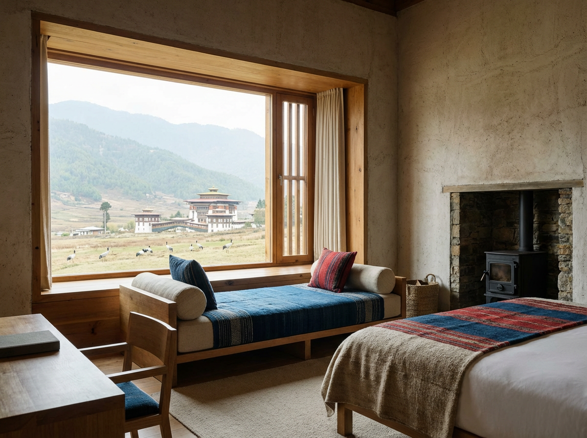 Eine Suite im Amankora Gangtey: Minimalistisch eingerichtetes Zimmer mit großen Fenstern, traditionellen Textilien und Blick auf das weite Phobjikha-Tal