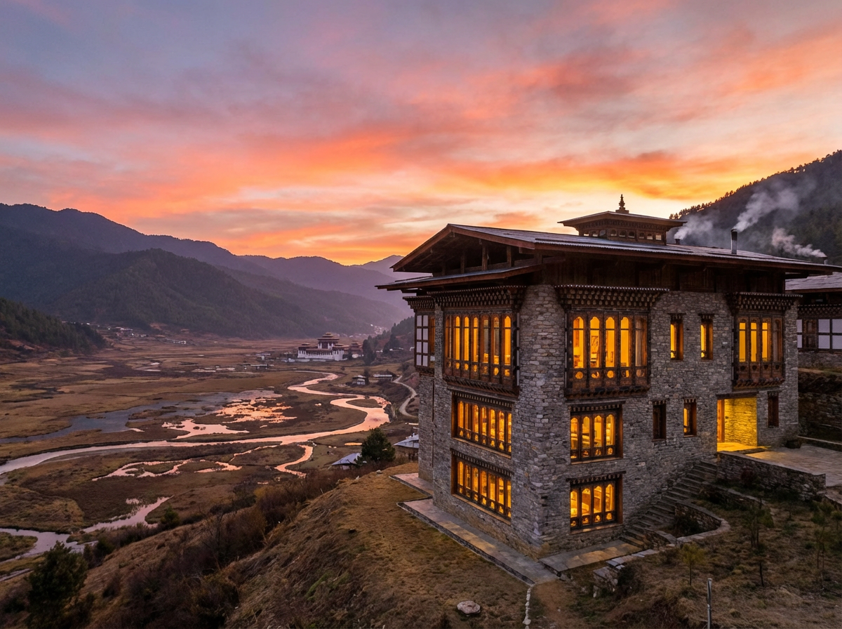 Die Gangtey Lodge bei Sonnenuntergang: Ein traditionell gestaltetes Gebäude mit großen Fenstern auf einem Hügel oberhalb des Phobjikha-Tals, warmes Licht strahlt aus den Zimmern, im Tal darunter sind die Feuchtgebiete sichtbar