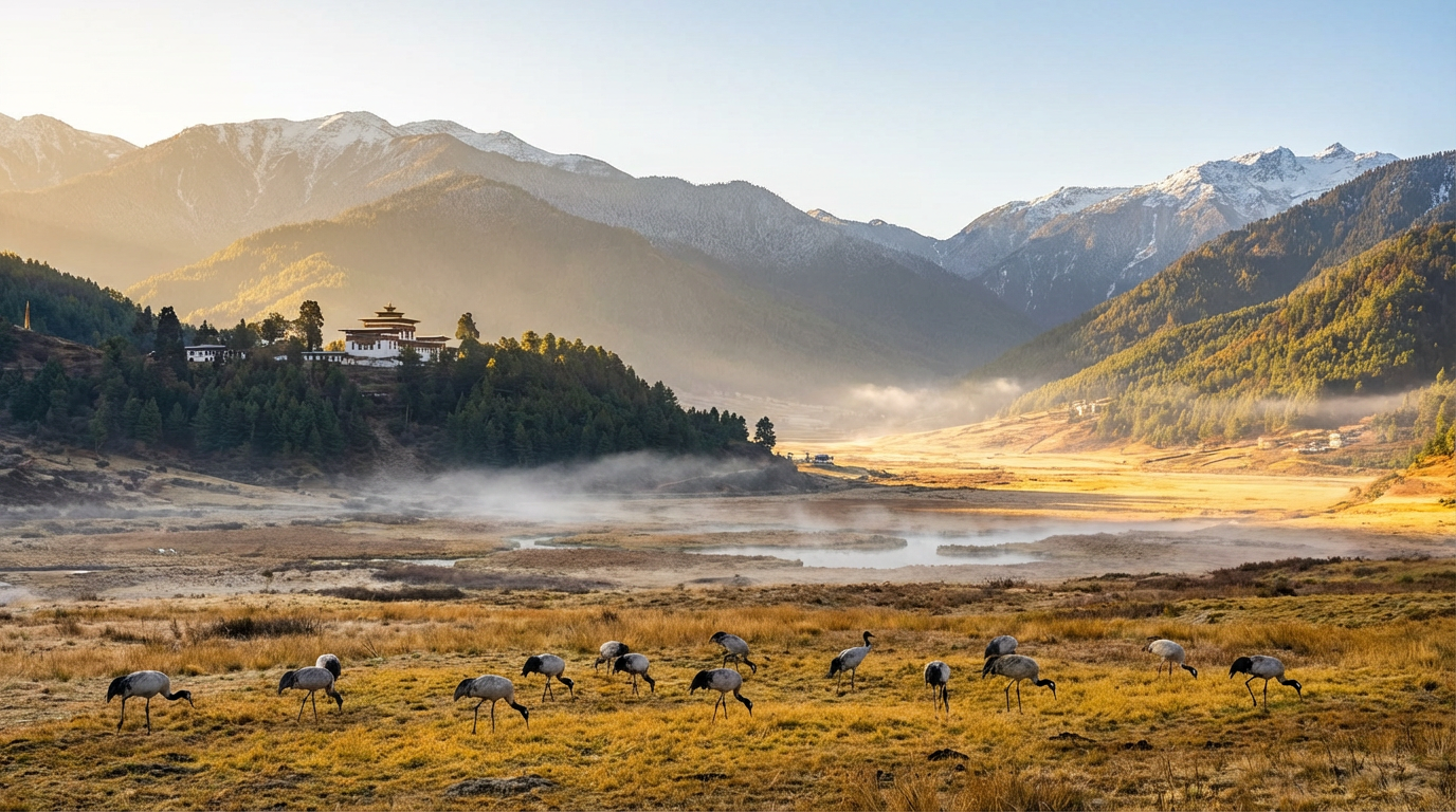 Das weite Phobjikha-Tal bei goldenem Morgenlicht: Ein sanft geschwungenes Gletschertal auf 2.900 Metern Höhe, umgeben von bewaldeten Bergen, Schwarzhalskraniche grasen auf den gelb-braunen Winterwiesen im Vordergrund, das Gangtey Kloster thront auf einem Hügel am Talrand, Nebelschwaden ziehen über die Feuchtgebiete
