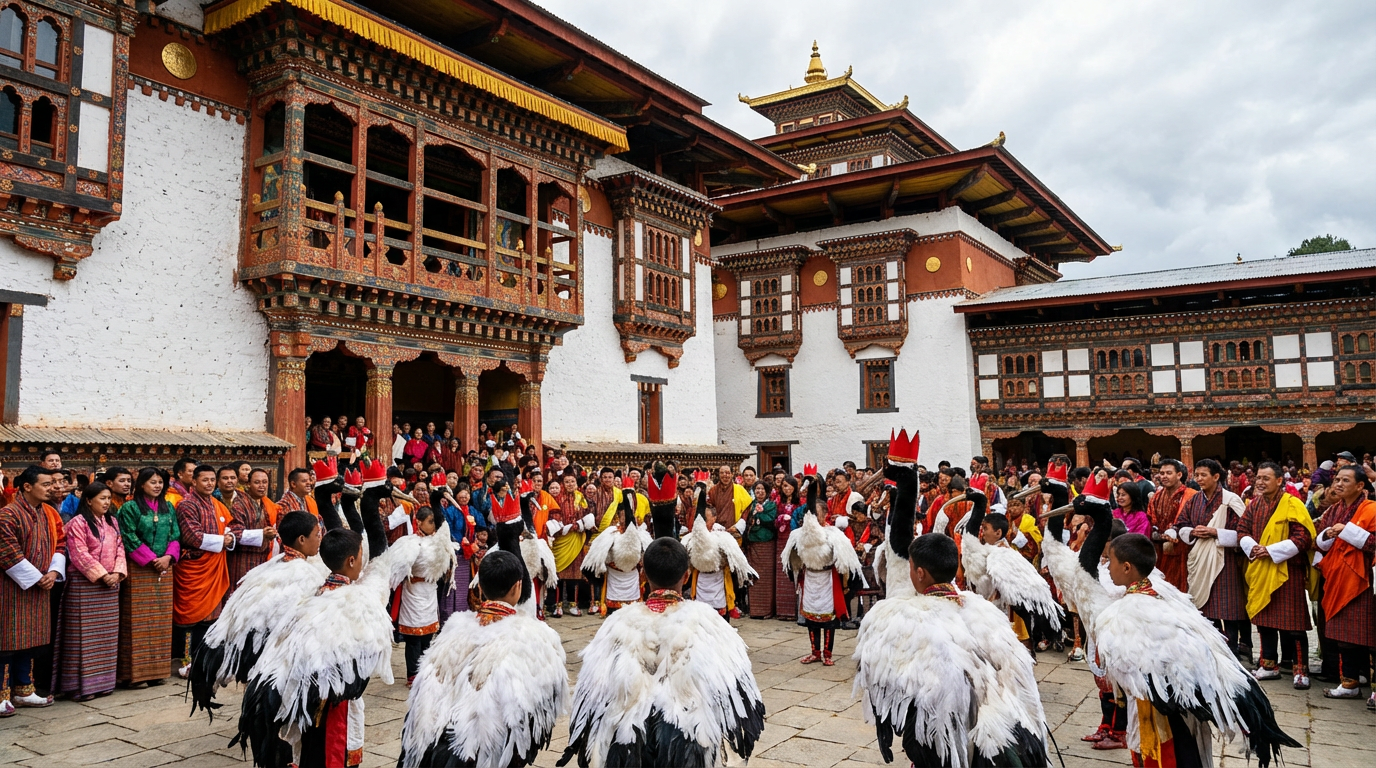 Der Kranichtanz beim Black-Necked Crane Festival: Schulkinder in aufwendigen weißen Kranich-Kostümen mit schwarzen Hälsen und roten Kopfkronen führen den traditionellen Tanz im Innenhof des Gangtey Klosters auf, Zuschauer in bunter traditioneller Kleidung umringen die Tänzer, im Hintergrund die weißen Mauern und roten Balkone des Klosters