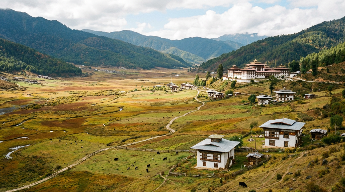 Panoramablick über das gesamte Phobjikha-Tal von einem erhöhten Aussichtspunkt: Das weite, flache Tal erstreckt sich zwischen bewaldeten Bergen, traditionelle bhutanische Bauernhäuser mit weißen Wänden und bunten Fensterrahmen sind über die Landschaft verteilt, Wanderwege schlängeln sich durch das Feuchtgebiet, das Gangtey Kloster ist auf einem Hügel am Talrand erkennbar