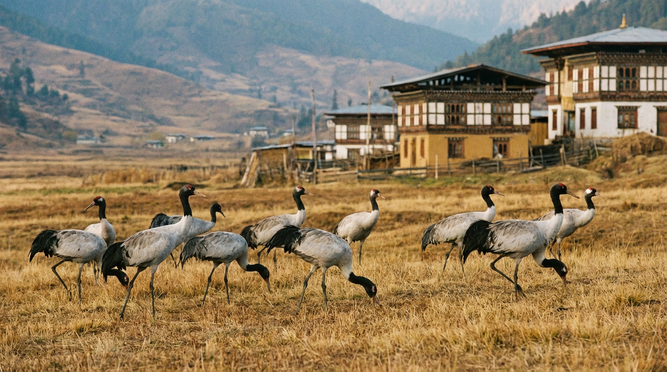 Eine Gruppe Schwarzhalskraniche auf den Winterwiesen des Phobjikha-Tals: Etwa zehn elegante Kraniche mit schwarzen Hälsen, grau-weißem Gefieder und roten Kopfkronen grasen auf den goldbraunen Wiesen, im Hintergrund die sanften Hügel des Tals und traditionelle bhutanische Bauernhäuser