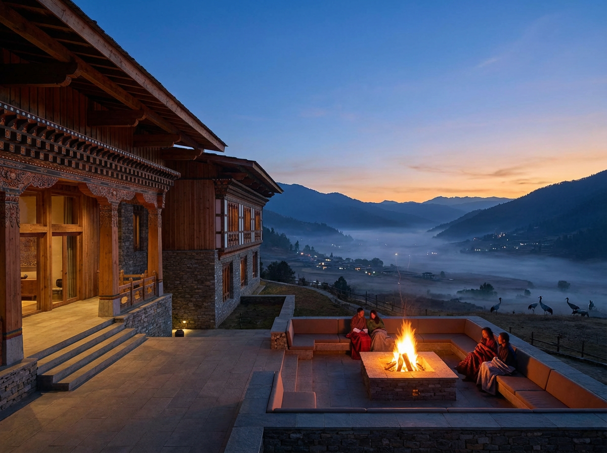 Das Six Senses Gangtey am Abend: Moderne Holzarchitektur mit traditionellen Elementen, Außenterrasse mit Feuerstelle, Blick über das im Dämmerlicht liegende Tal
