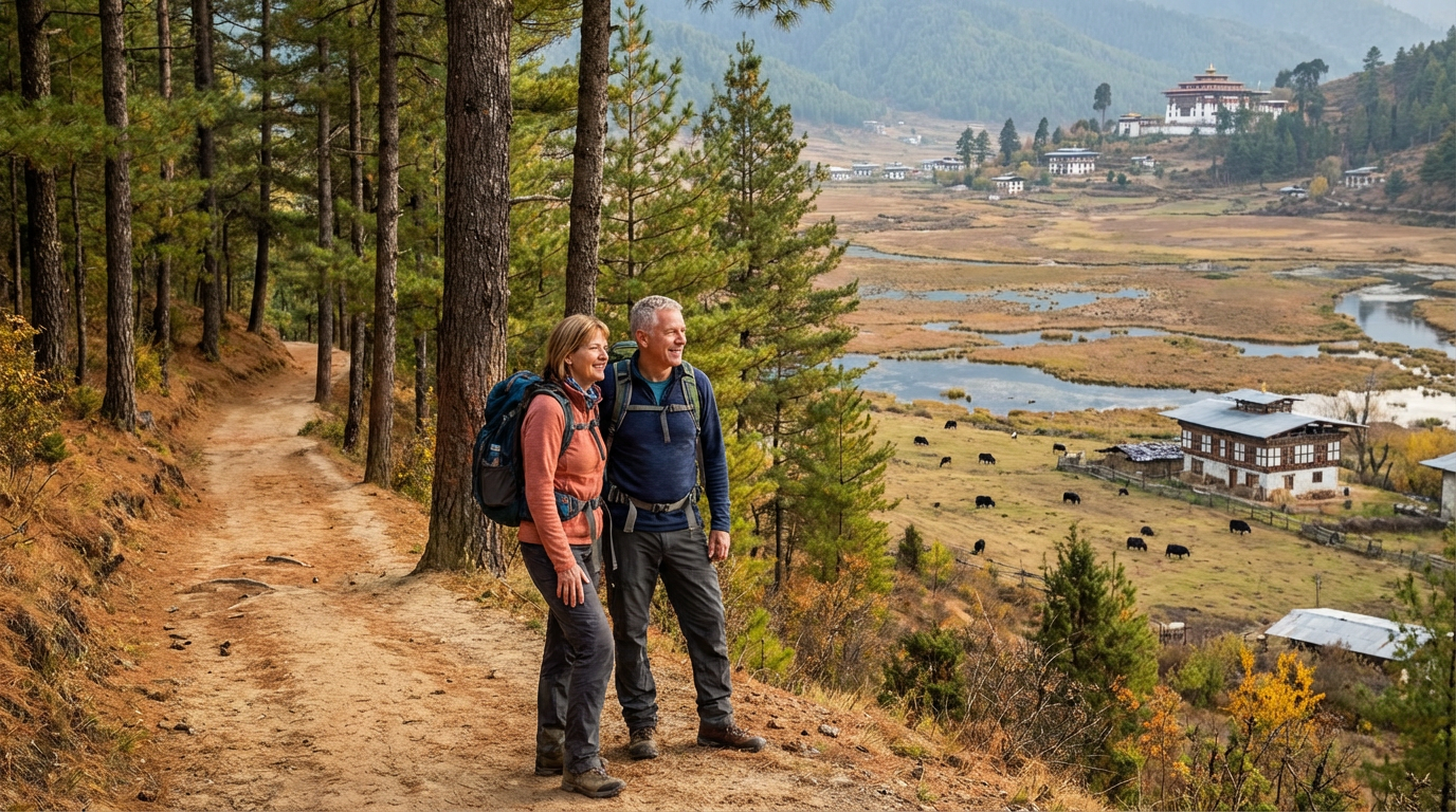 Wanderer auf dem Gangtey Nature Trail: Ein gut ausgebauter Wanderweg führt durch einen lichten Kiefernwald, im Hintergrund öffnet sich der Blick auf das weite Phobjikha-Tal mit den Feuchtgebieten, zwei Wanderer in Outdoor-Kleidung genießen die Aussicht