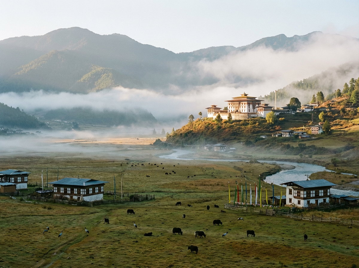 Panorama des Phobjikha-Tals mit weiten Graslandschaften und dem Gangtey Kloster auf einem Hügel