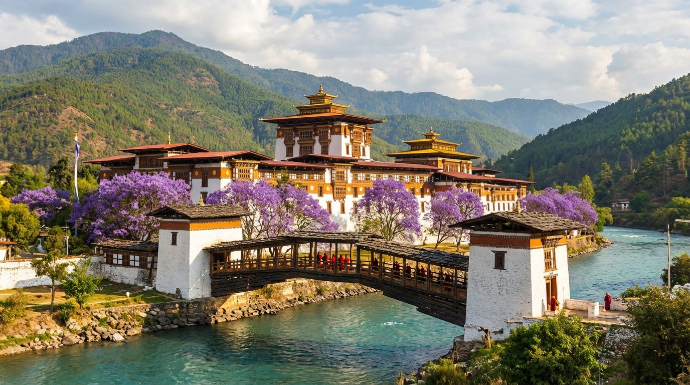 Der prachtvolle Punakha Dzong an der Mündung von Mo Chhu und Pho Chhu – Bhutans schönste Klosterfestung, umgeben von lila Jacaranda-Blüten im Frühling