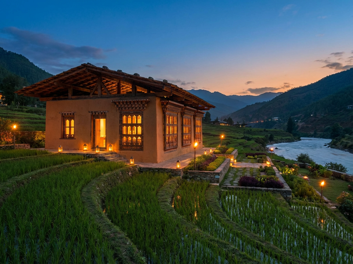 Die Amankora Punakha Lodge: Ein elegantes einstöckiges Gebäude im traditionellen Stil, umgeben von gepflegten Reisfeldern, warmes Licht strahlt aus den großen Fenstern in der Abenddämmerung