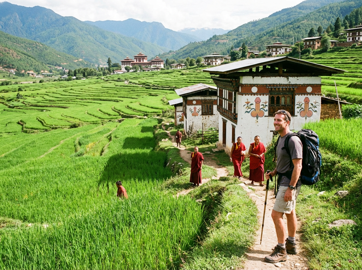Ein Wanderer auf dem Divine Madman Heritage Trail: Der Pfad führt durch terrassierte Reisfelder und vorbei an traditionellen bhutanischen Häusern mit den charakteristischen Phallus-Bemalungen