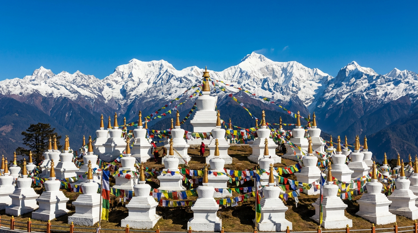 Die 108 weißen Chorten auf dem Dochula Pass bei klarem Wetter: Die Stupas gruppieren sich auf einem Hügel vor dem spektakulären Panorama der schneebedeckten Himalaya-Kette, bunte Gebetsfahnen flattern im Wind, der blaue Himmel kontrastiert mit dem Weiß von Schnee und Chorten