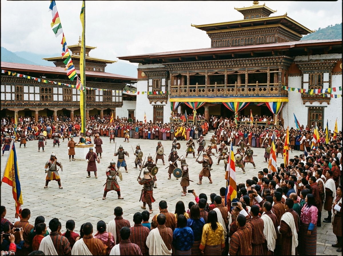 Das Punakha Drubchen Festival: Hunderte Darsteller in historischen Kriegerrüstungen führen auf dem Vorplatz des Dzong choreografierte Schlachtszenen auf, bunte Fahnen wehen, Zuschauer in traditioneller Kleidung beobachten das Spektakel