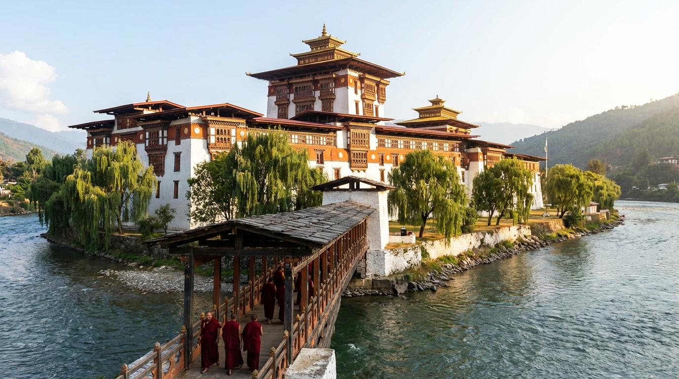 Der Punakha Dzong in seiner vollen Pracht von der traditionellen Holzbrücke aus gesehen: Die massive weiße Festung mit den charakteristischen roten Holzbalkonen und goldenen Dächern erstreckt sich auf einer Landzunge zwischen den beiden zusammenfließenden Flüssen, Weidenbäume säumen die Ufer, buddhistische Mönche in dunkelroten Roben überqueren die überdachte Brücke