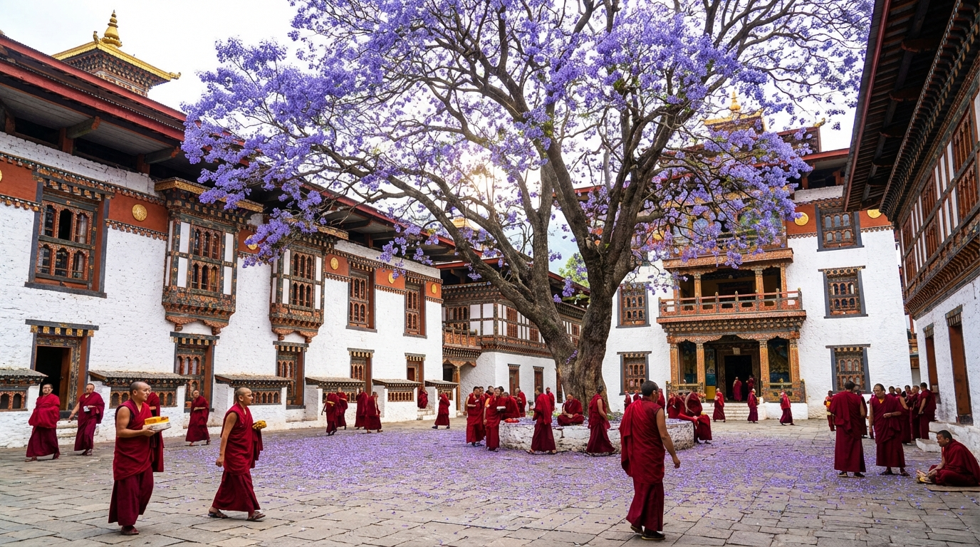 Der Innenhof des Punakha Dzong während der Jacaranda-Blüte im Mai: Ein gewaltiger Baum mit lila-blauen Blüten dominiert den gepflasterten Hof, umgeben von den mehrstöckigen weißen Gebäuden mit ihren kunstvoll bemalten Fenstern und roten Holzbalkonen, Mönche in dunkelroten Roben gehen ihren täglichen Verrichtungen nach