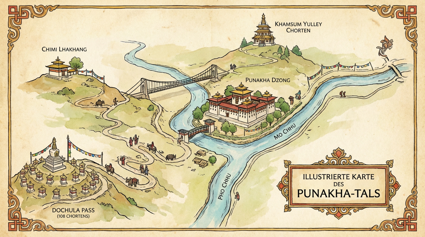 Illustrierte Karte des Punakha-Tals mit eingezeichneten Sehenswürdigkeiten: Der Punakha Dzong am Zusammenfluss der beiden Flüsse in der Mitte, die Hängebrücke nördlich davon, Chimi Lhakhang auf einem Hügel im Westen, Khamsum Yulley Chorten im Norden, und der Dochula Pass auf dem Weg von Thimphu – alle verbunden durch Straßen und Wanderwege