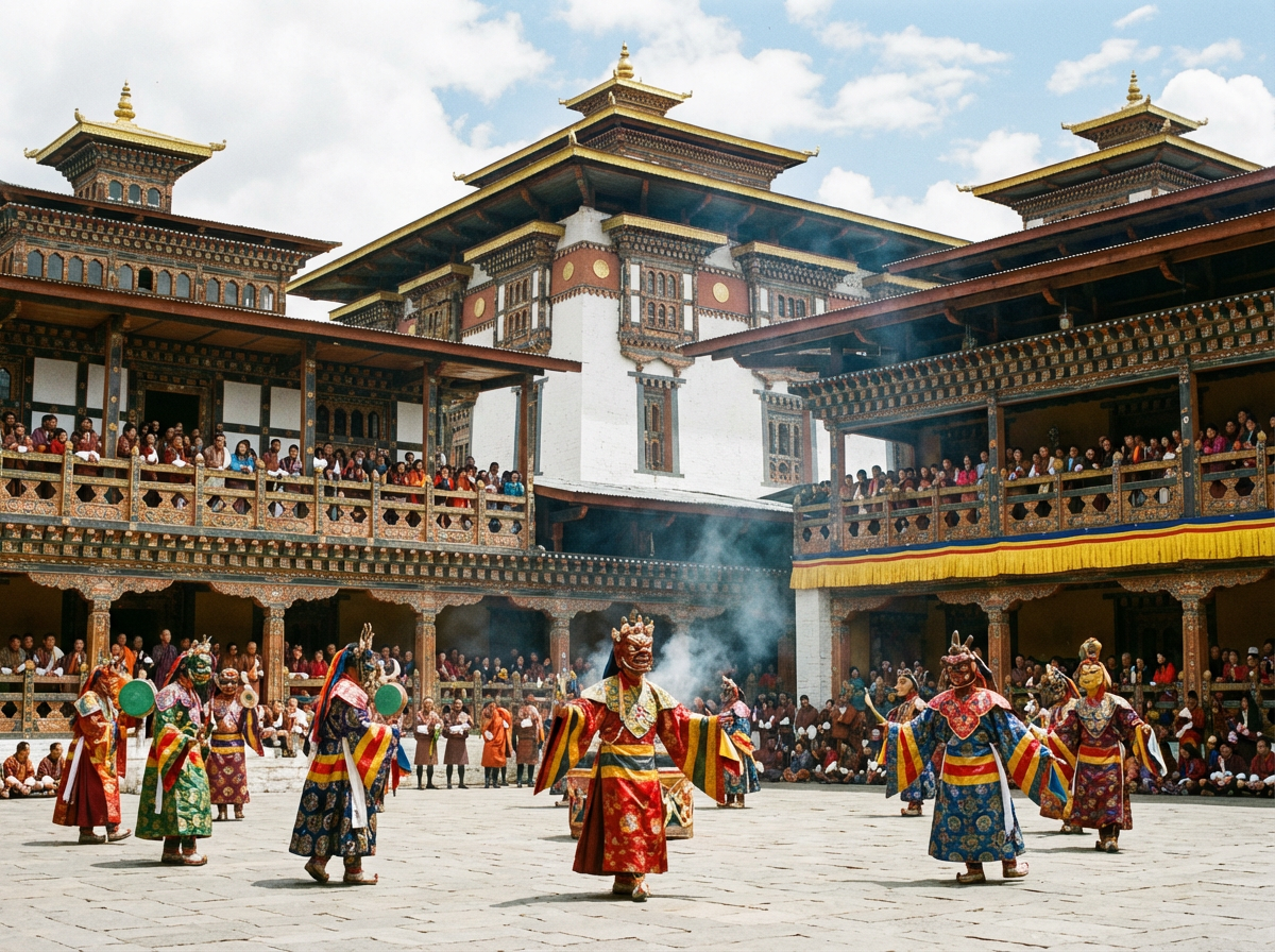 Maskentänzer beim Punakha Tshechu: Mönche in farbenprächtigen Kostümen und furchterregenden Masken führen rituelle Tänze im Innenhof des Dzong auf, umgeben von Zuschauern auf den Balkonen