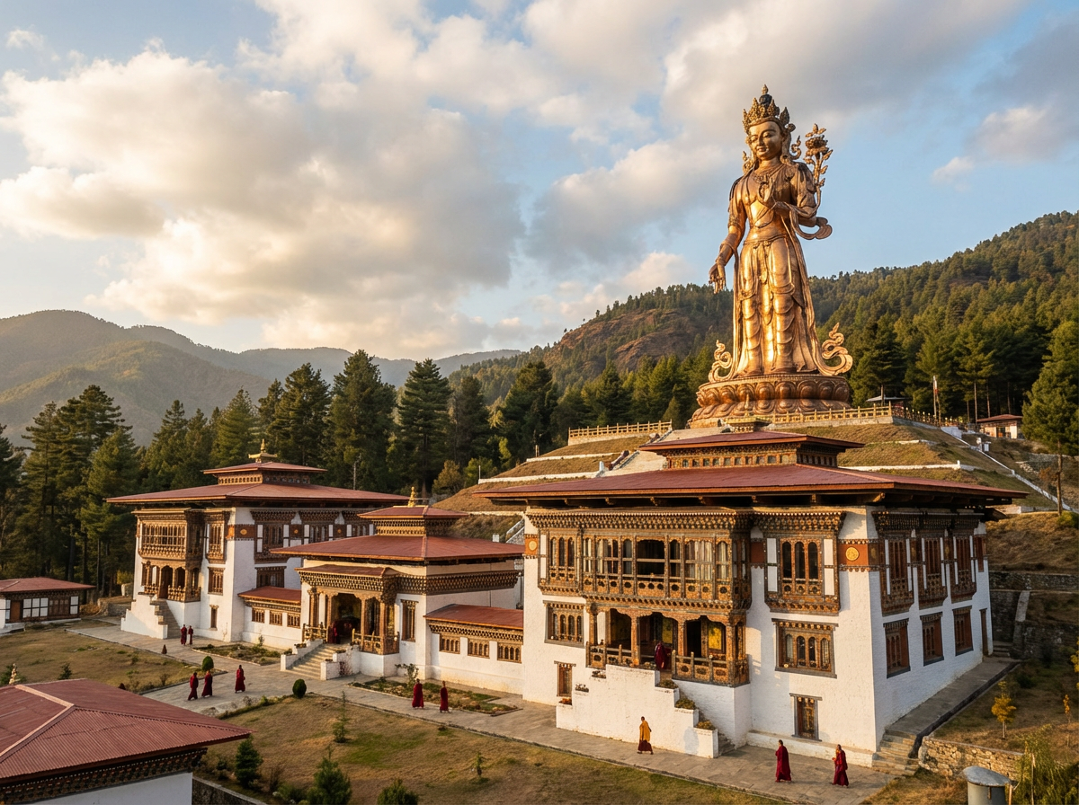 Die Sangchhen Dorji Lhuendrup Nunnery: Ein modernes Klostergebäude in traditioneller Architektur auf einem Hügel, die große Bronzestatue der Avalokiteshvara glänzt in der Sonne