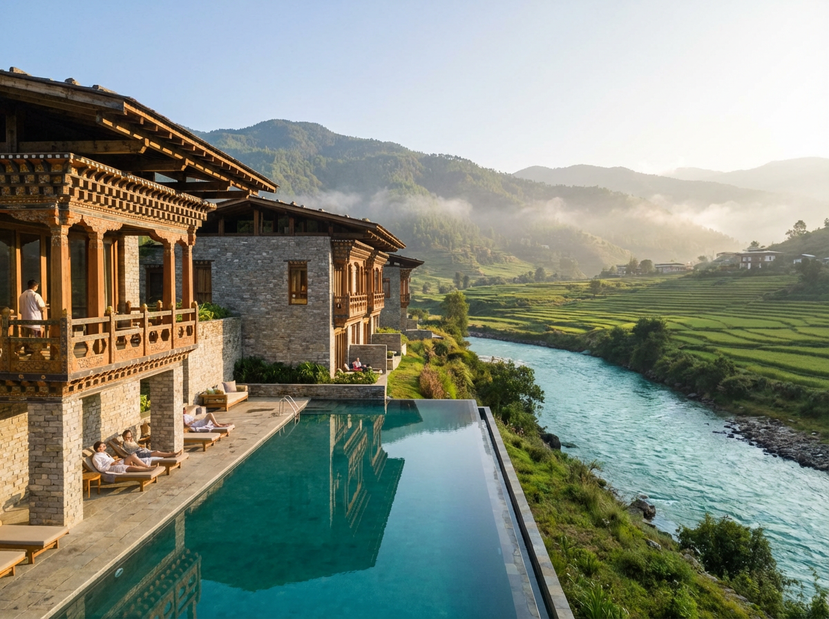 Die Six Senses Punakha Lodge: Moderne Steingebäude mit traditionellen Elementen auf einer Anhöhe über dem Mo Chhu, Infinitypool mit Blick auf den türkisblauen Fluss und die grünen Hügel