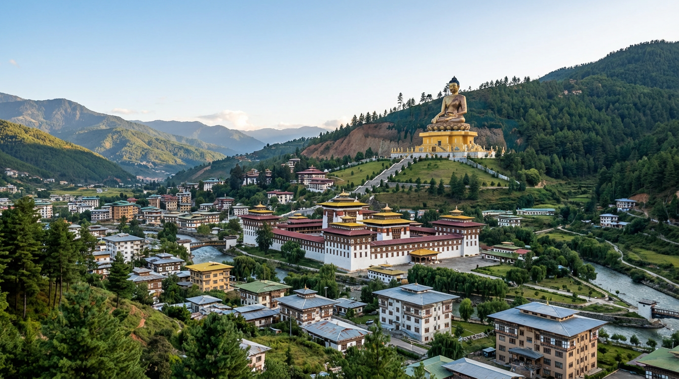 Blick über Thimphu mit dem goldenen Buddha Dordenma auf dem Hügel und dem Tashichho Dzong im Tal – Bhutans moderne und doch traditionelle Hauptstadt