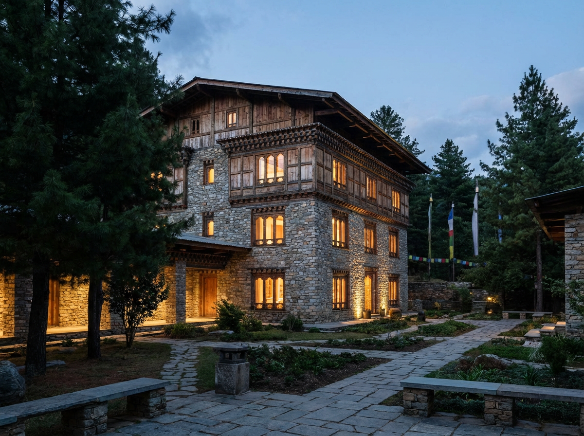 Die Amankora Thimphu Lodge: Ein elegantes traditionelles Gebäude aus Stein und Holz, umgeben von einem ruhigen Innenhof mit Kiefern, warmes Licht durch die Fenster, eine Atmosphäre von Ruhe und Exklusivität