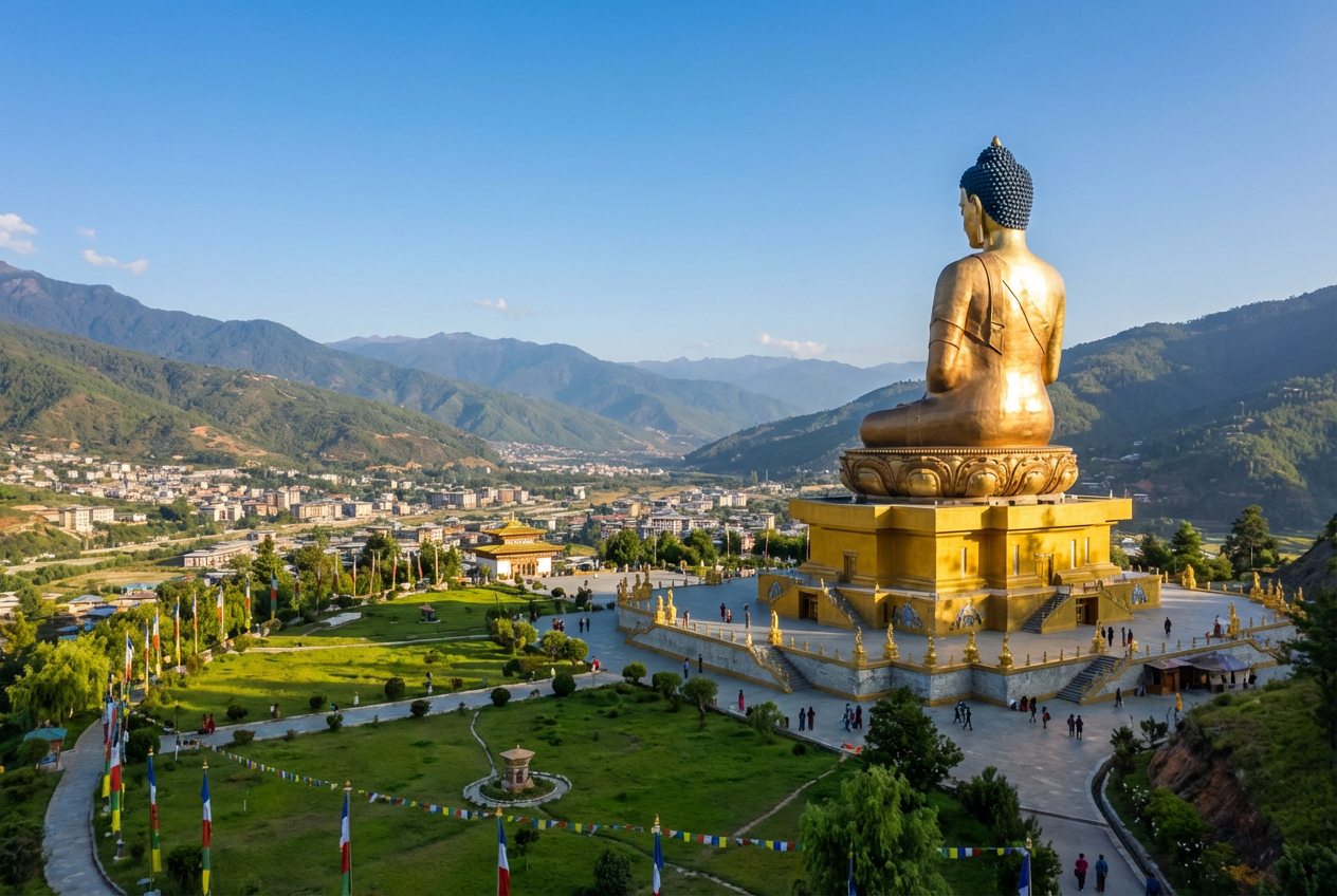 Die goldene Buddha Dordenma Statue in ihrer vollen Pracht: Die 51,5 Meter hohe Figur sitzt in Meditationshaltung auf dem Hügel des Kuenselphodrang Nature Parks, die vergoldete Bronze glänzt im Sonnenlicht, zu ihren Füßen erstreckt sich der üppig grüne Naturpark, im Hintergrund das Thimphu-Tal mit der Stadt