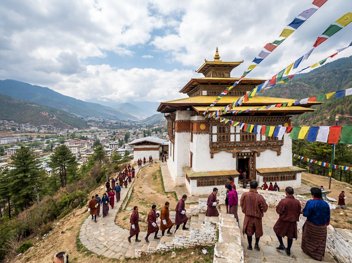 Der Changangkha Lhakhang Tempel auf einem Hügel über Thimphu: Ein ehrwürdiger weißer Tempel mit bunten Gebetsfahnen, Blick über die gesamte Stadt, Pilger auf dem Weg hinauf