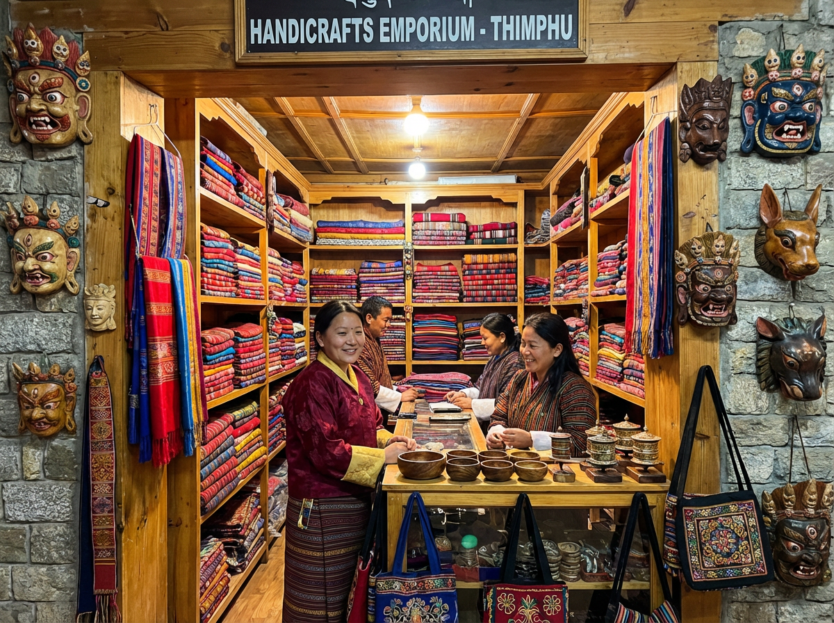 Das Handicrafts Emporium in Thimphu: Regale voller bunter bhutanischer Textilien, handgewebte Stoffe in allen Farben, traditionelle Masken an der Wand, ein gepflegter Laden mit freundlichem Personal