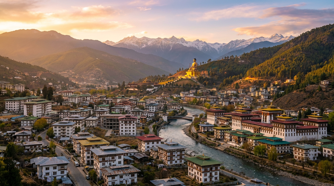 Panoramablick über Thimphu bei Sonnenuntergang: Die Hauptstadt Bhutans erstreckt sich durch das Tal des Wang Chhu Flusses, traditionelle bhutanische Gebäude mit weißen Wänden und bunten Holzverzierungen mischen sich mit modernen Bauten, im Hintergrund die Buddha Dordenma Statue golden leuchtend auf dem Hügel, dahinter die schneebedeckten Himalaya-Gipfel