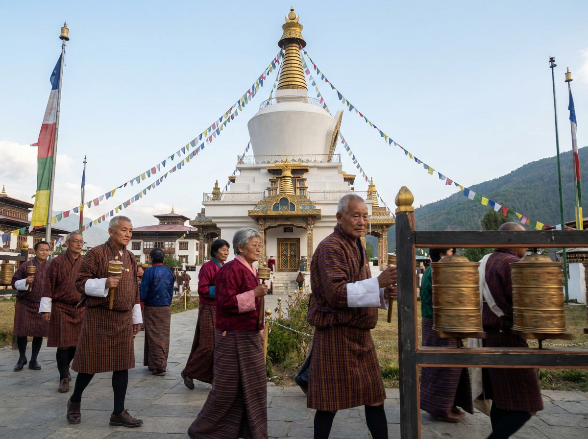 Der Memorial Chorten in Thimphu: Der weiße Stupa mit seinen goldenen Türmen und bunten Gebetsfahnen, umgeben von älteren Bhutanern in traditioneller Kleidung, die ihn meditativ umrunden, Gebetsmühlen drehen sich im Vordergrund, eine friedliche, spirituelle Atmosphäre