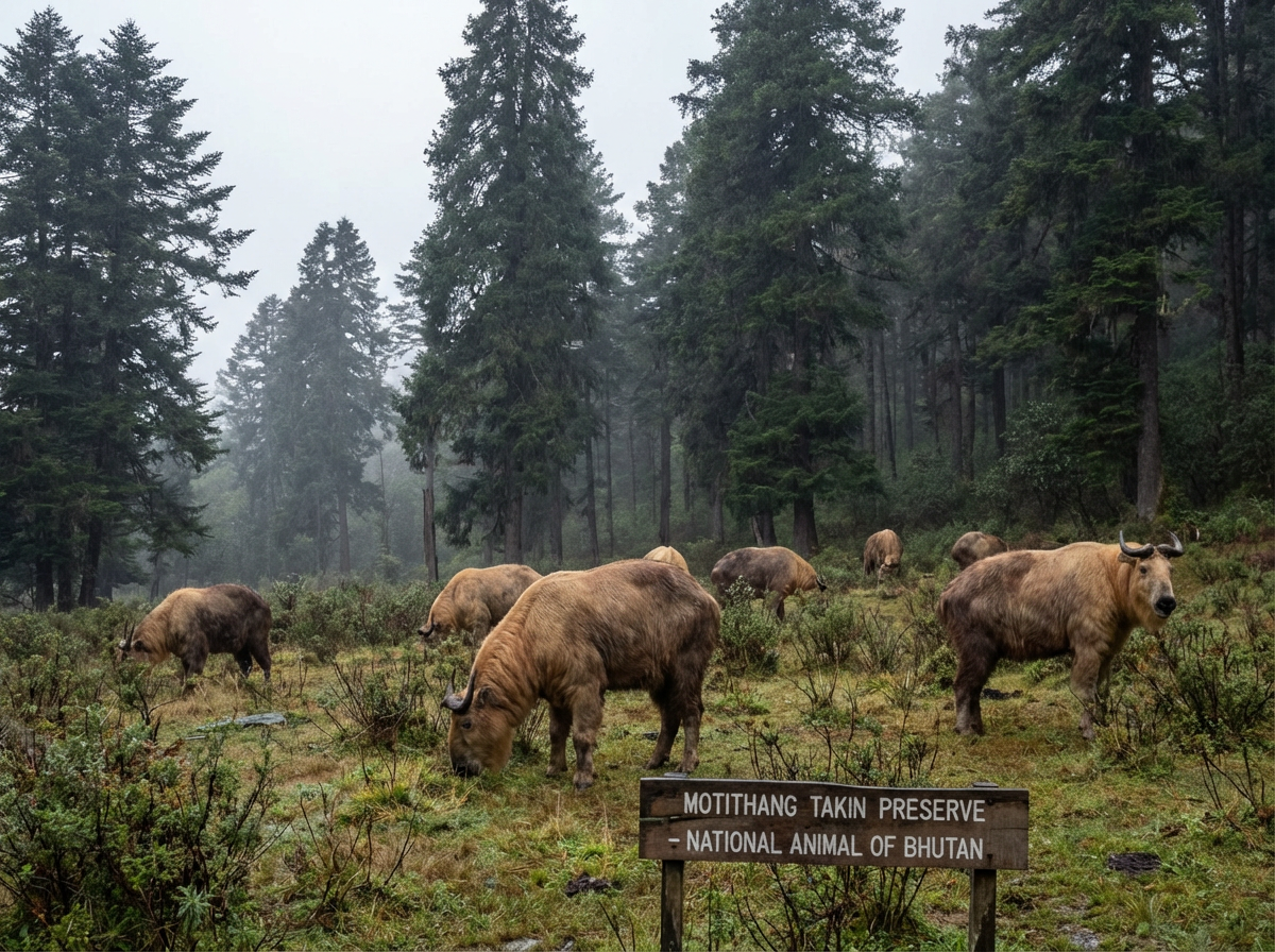 Takins im Motithang Preserve: Mehrere der eigentümlichen Tiere mit ihrem charakteristischen Ziegenkopf und massiven Körper grasen auf einer Waldlichtung, im Hintergrund Himalaya-Tannen