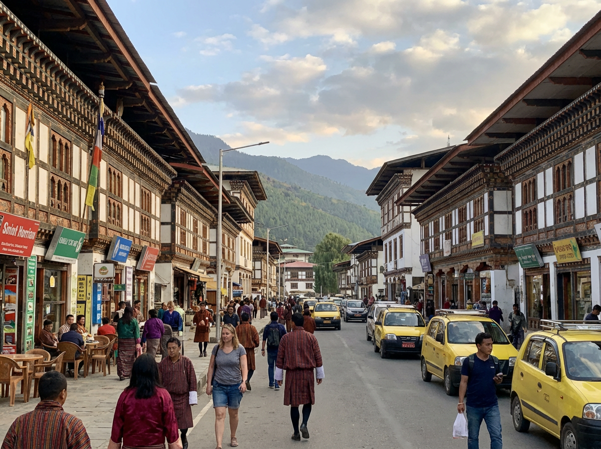 Die Norzin Lam in Thimphu: Eine belebte Straße mit traditionellen Häusern, kleinen Läden und Cafés, Menschen in traditioneller und moderner Kleidung beim Einkaufen, eine typische bhutanische Stadtszene