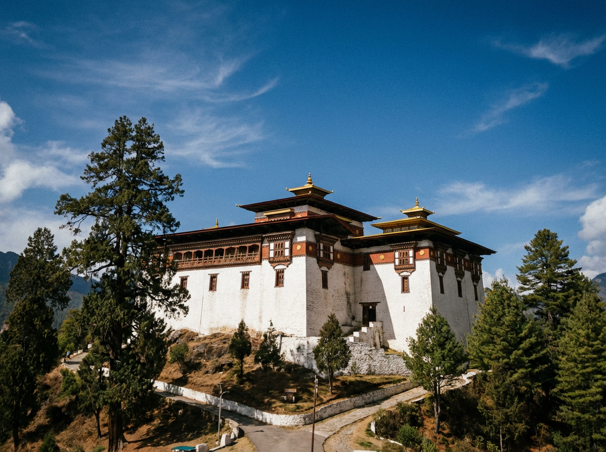 Der historische Simtokha Dzong auf einem Hügel: Der älteste erhaltene Dzong Bhutans mit seinen traditionellen weißen Mauern und roten Holzelementen, umgeben von Zedern und Kiefern