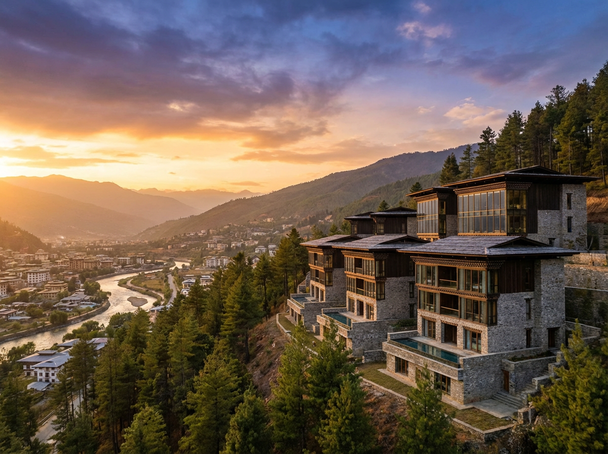 Die Six Senses Lodge in Thimphu: Moderne Steingebäude mit traditionellen bhutanischen Elementen auf einem Hügel über der Stadt, große Fensterfronten, Panoramablick über das Thimphu-Tal