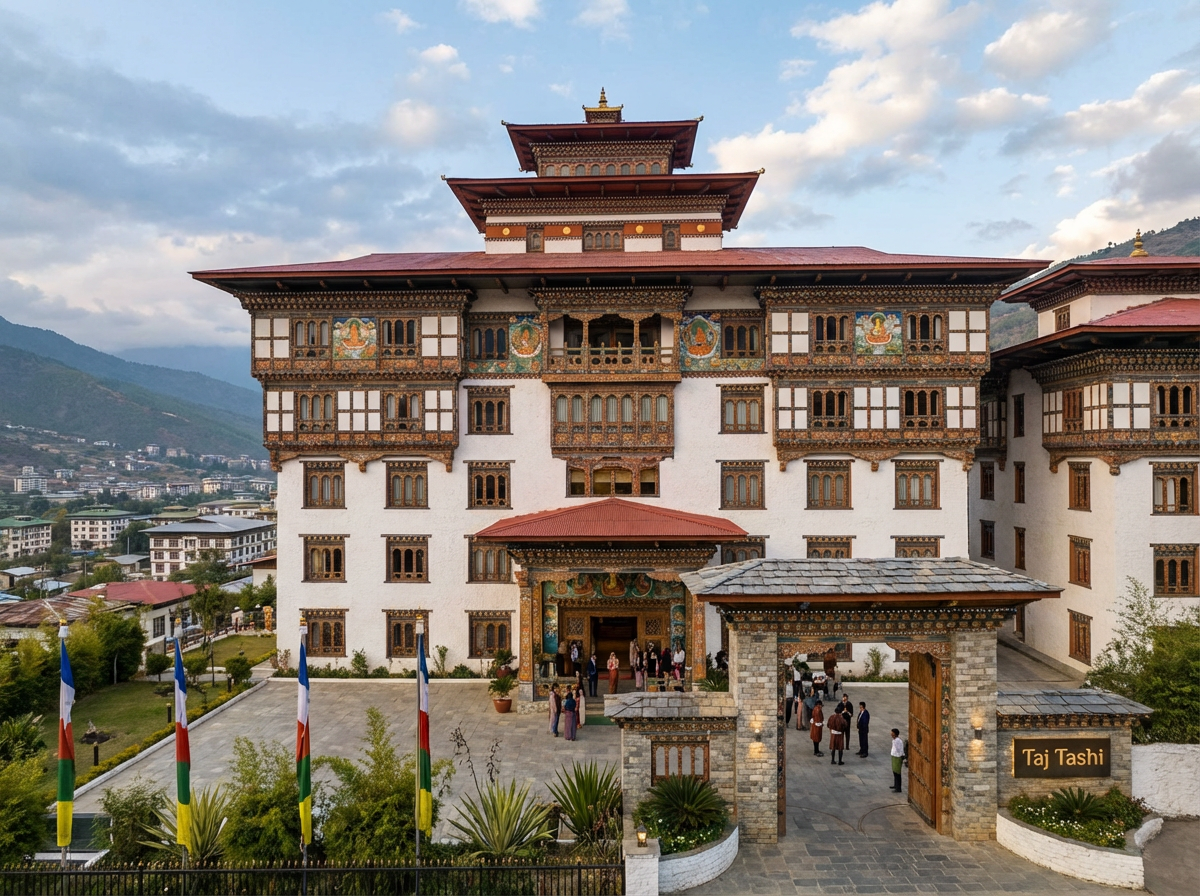 Das Taj Tashi Hotel in Thimphu: Ein imposantes Gebäude im traditionellen Dzong-Stil mitten in der Stadt, weiße Mauern mit bunten Verzierungen, eleganter Eingangsbereich, die Verbindung von Tradition und Luxus