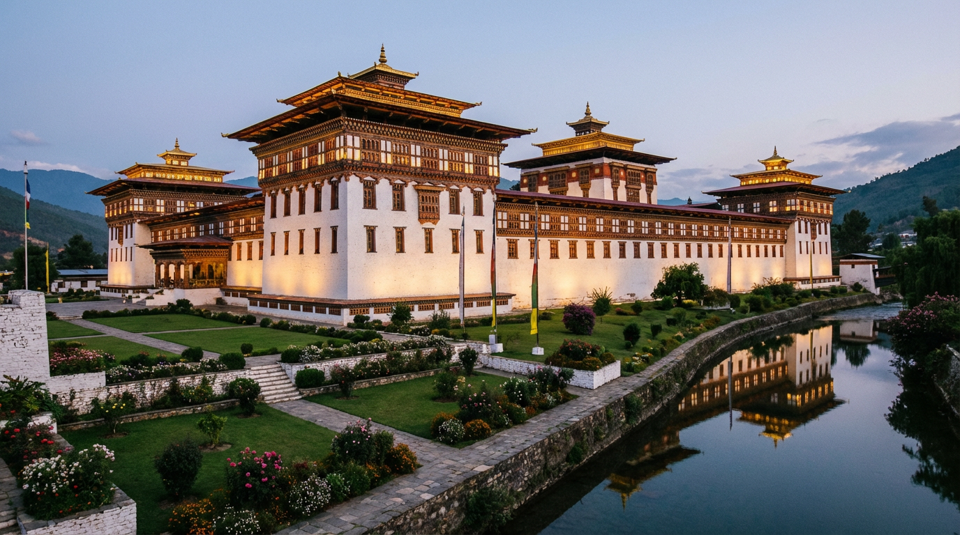 Der Tashichho Dzong bei Abenddämmerung: Die majestätische Klosterfestung mit ihren weißen Mauern und goldenen Dächern spiegelt sich im Wang Chhu Fluss, rote und goldene Fensterrahmen setzen Akzente, im Vordergrund eine gepflegte Gartenanlage, das Gebäude erstrahlt im warmen Abendlicht