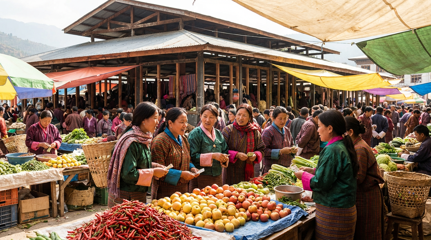 Der Thimphu Weekend Market in vollem Betrieb: Bunte Stände mit Bergen von frischem Gemüse, roten Chilischoten und gelben Äpfeln, bhutanische Frauen in traditionellen Kiras handeln und unterhalten sich, im Hintergrund die überdachte Markthalle, eine lebhafte und farbenfrohe Atmosphäre