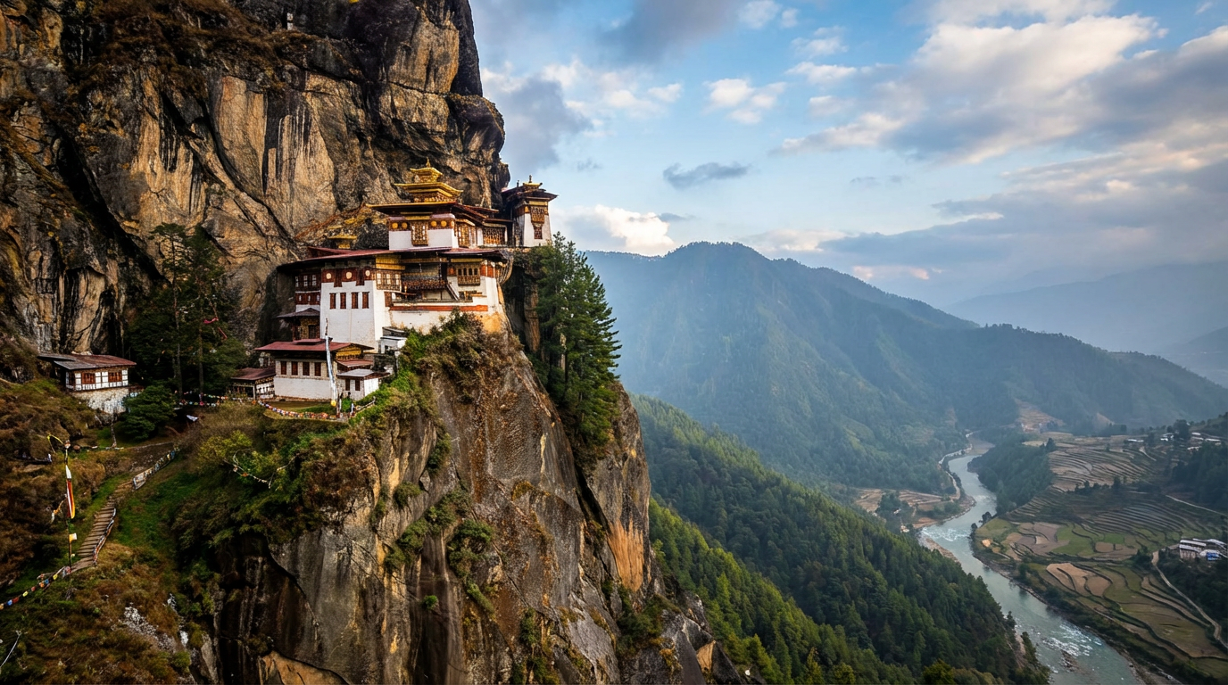 Das Tigernest-Kloster (Paro Taktsang) schmiegt sich an die steile Felswand über dem Paro-Tal – Bhutans bekanntestes Wahrzeichen und Pilgerstätte