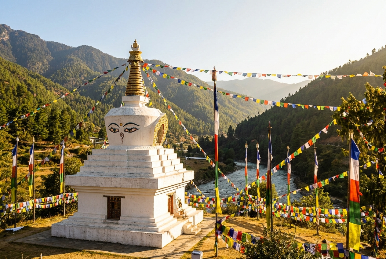 Der weiße Chendebji Chorten mit den charakteristischen Buddha-Augen vor bewaldeten Bergen