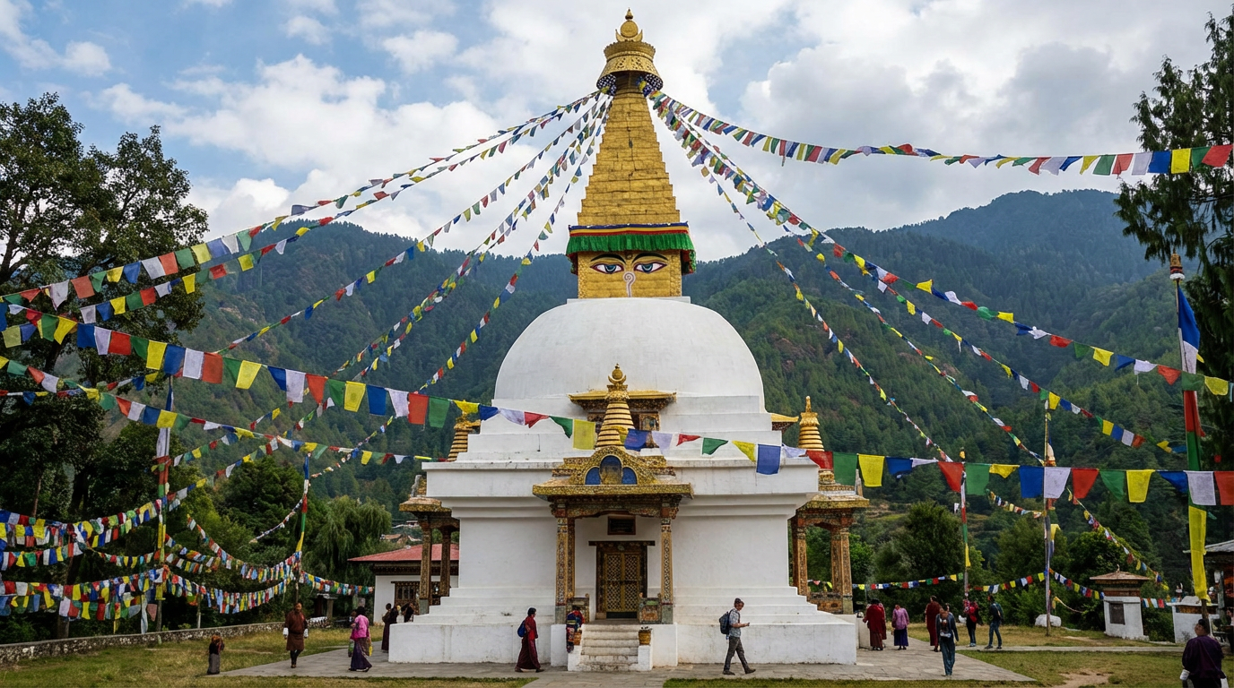 Der Chendebji Chorten im nepalesischen Stil: Eine große weiße Stupa mit den charakteristischen Buddha-Augen auf allen vier Seiten des goldenen Turmaufsatzes, bunte Gebetsfahnen flattern im Wind, im Hintergrund die bewaldeten Berge