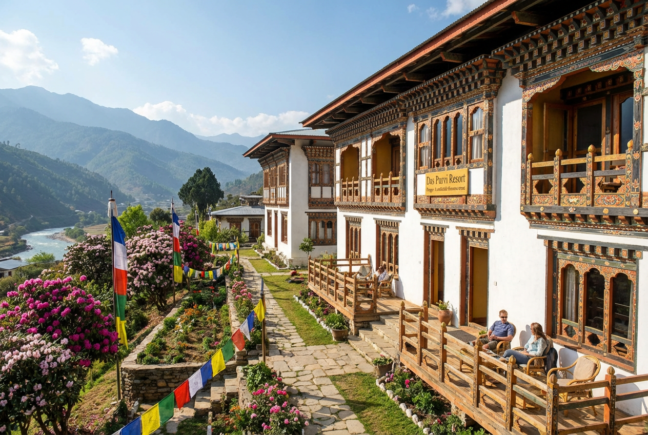 Das Purvi Resort in Trongsa: Ein komfortables Hotel im traditionellen Stil mit gepflegtem Garten