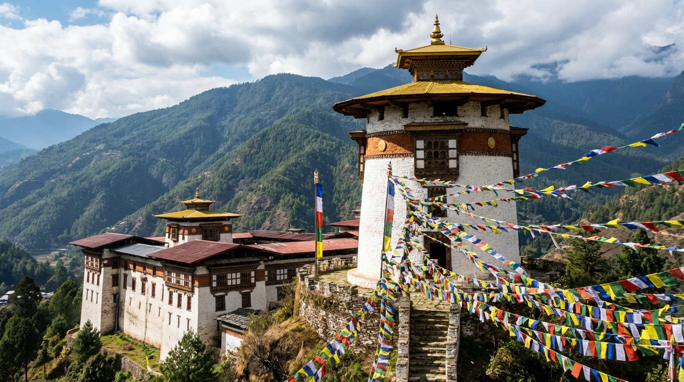Der Tower of Trongsa (Ta Dzong): Ein runder, weißer Wachturm mit goldenem Dach thront auf einem Bergrücken oberhalb des Trongsa Dzong, Gebetsfahnen flattern im Wind, im Hintergrund erstreckt sich die Berglandschaft Zentralbhutans
