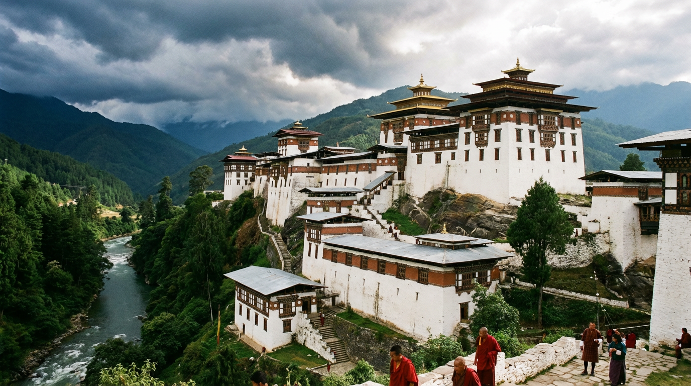 Der Trongsa Dzong in seiner vollen Pracht: Die massive weiße Klosterfestung erstreckt sich über mehrere Stockwerke und Ebenen einen Felsvorsprung hinab, Treppen und Innenhöfe verbinden die verschiedenen Gebäudetrakte, goldene Dächer krönen die Hauptgebäude, der Mangde Chhu fließt tief unten im bewaldeten Tal, dramatische Wolkenformationen am Himmel