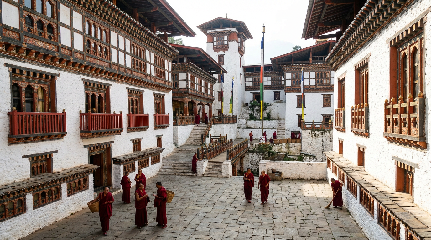 Ein Innenhof des Trongsa Dzong: Mehrstöckige weiße Gebäude mit kunstvoll bemalten Holzfenstern und roten Balkonen umgeben einen gepflasterten Hof, Mönche in dunkelroten Roben gehen ihren täglichen Verrichtungen nach, Treppen führen zu höheren und tieferen Ebenen des labyrinthischen Komplexes