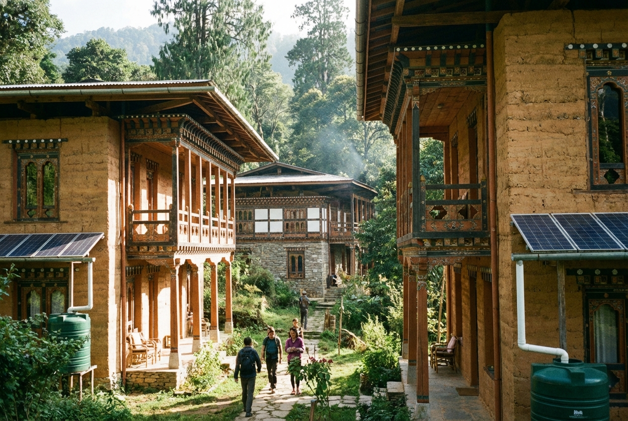 Die Trongsa Ecolodge: Ein ökologisch gebautes Gästehaus mit traditionellen Elementen, umgeben von Natur