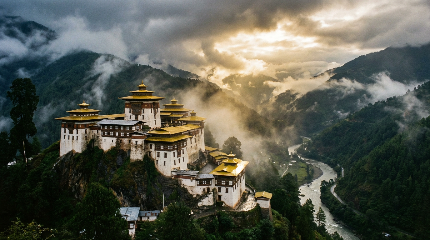 Der imposante Trongsa Dzong bei dramatischer Wolkenstimmung: Die gewaltige weiße Klosterfestung erstreckt sich über mehrere Ebenen einen Felsvorsprung hinab, im Tal tief unten fließt der Mangde Chhu, bewaldete Berghänge umgeben die Festung, Nebelschwaden ziehen durch das Tal, die goldenen Dächer glänzen im durchbrechenden Sonnenlicht