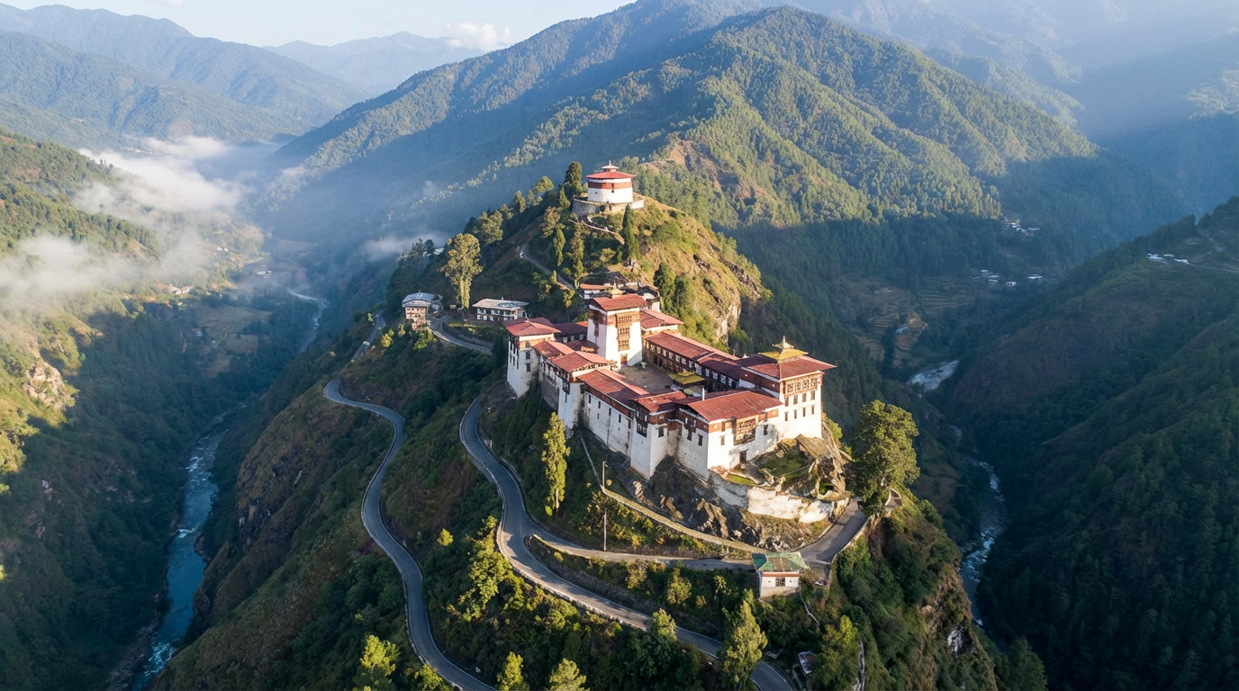 Luftbild der Region Trongsa: Der Trongsa Dzong thront auf einem Felsvorsprung über dem tief eingeschnittenen Tal des Mangde Chhu, die kurvenreiche Straße windet sich den Berg hinauf, der runde Ta Dzong (Tower of Trongsa) ist oberhalb auf dem Bergrücken sichtbar, im Hintergrund die bewaldeten Berge Zentralbhutans