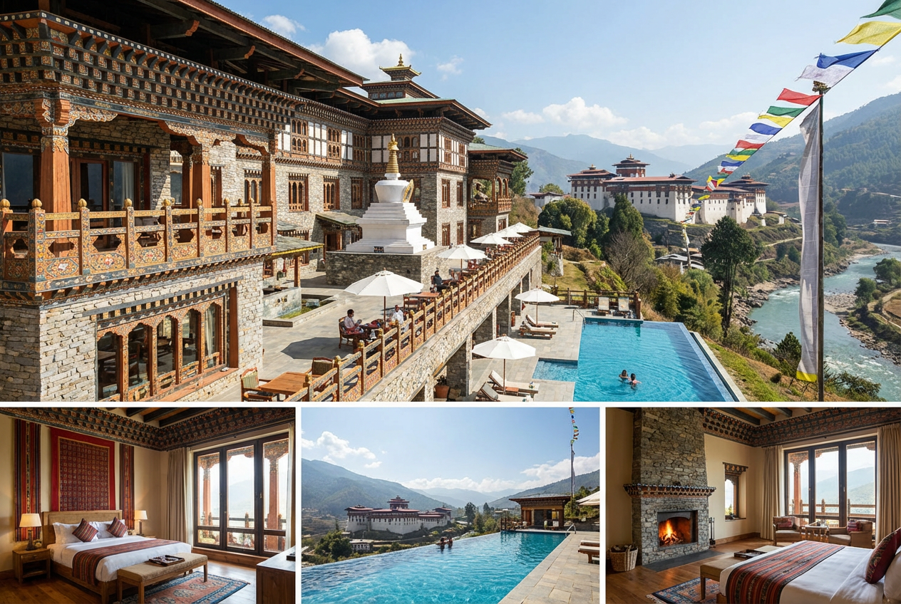 Das Yangkhil Resort: Ein traditionell gestaltetes bhutanisches Hotel auf einem Hügel mit Panoramablick auf den Trongsa Dzong im Tal