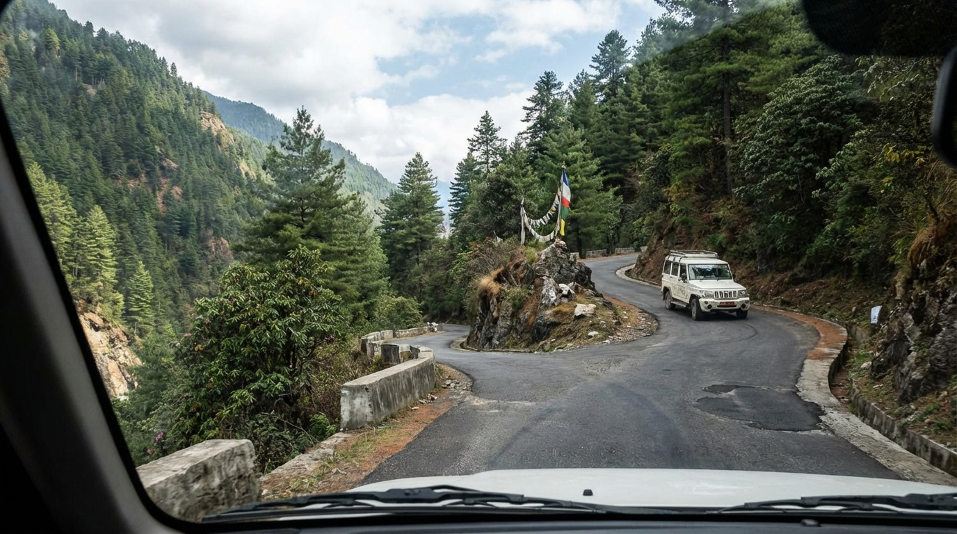 Typische Bergstraße in Bhutan mit engen Kurven, umgeben von bewaldeten Berghängen – zeigt die anspruchsvollen aber gut befahrbaren Straßenverhältnisse