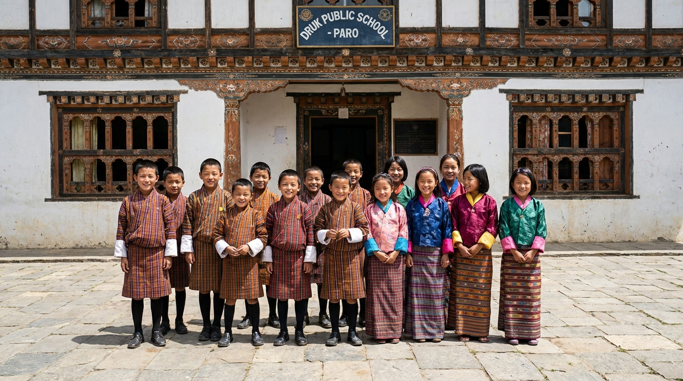 Bhutanische Schulkinder in traditioneller Kleidung vor einer öffentlichen Schule – symbolisiert die kostenlose Bildung, die durch den SDF finanziert wird
