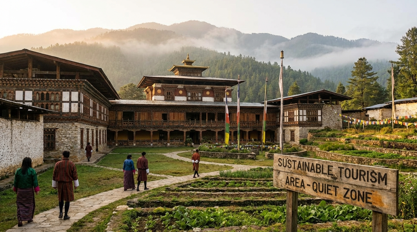 Infografik mit vier Kreisdiagrammen, die die Kostenverteilung einer Bhutan-Reise für 7, 10, 14 und 21 Tage zeigen – aufgeschlüsselt nach SDF, Visum, Tour-Paket und Flügen