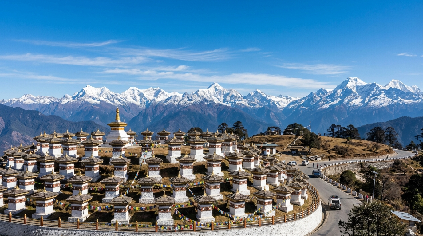 Panoramablick vom Dochula Pass auf 3.100 Metern Höhe mit schneebedeckten Himalaya-Gipfeln
