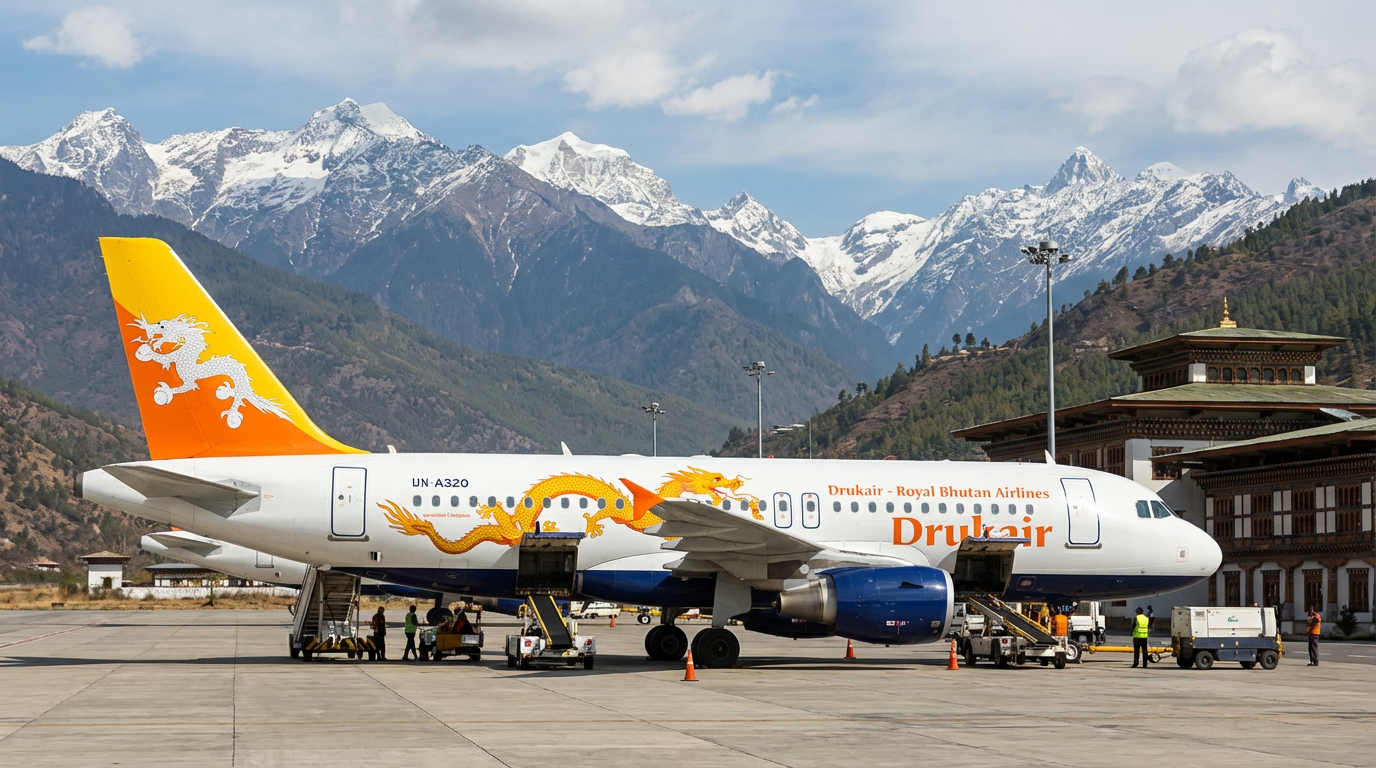 Drukair Airbus A320 mit charakteristischer Drachen-Bemalung auf dem Vorfeld des Flughafens Paro, im Hintergrund die Berge des Himalaya